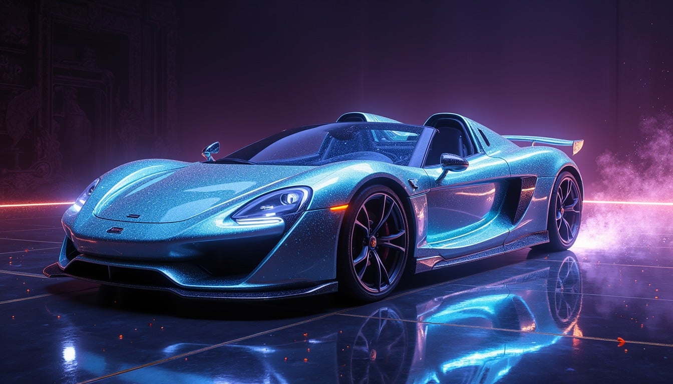 Premium detailed luxury car with neon blue reflections